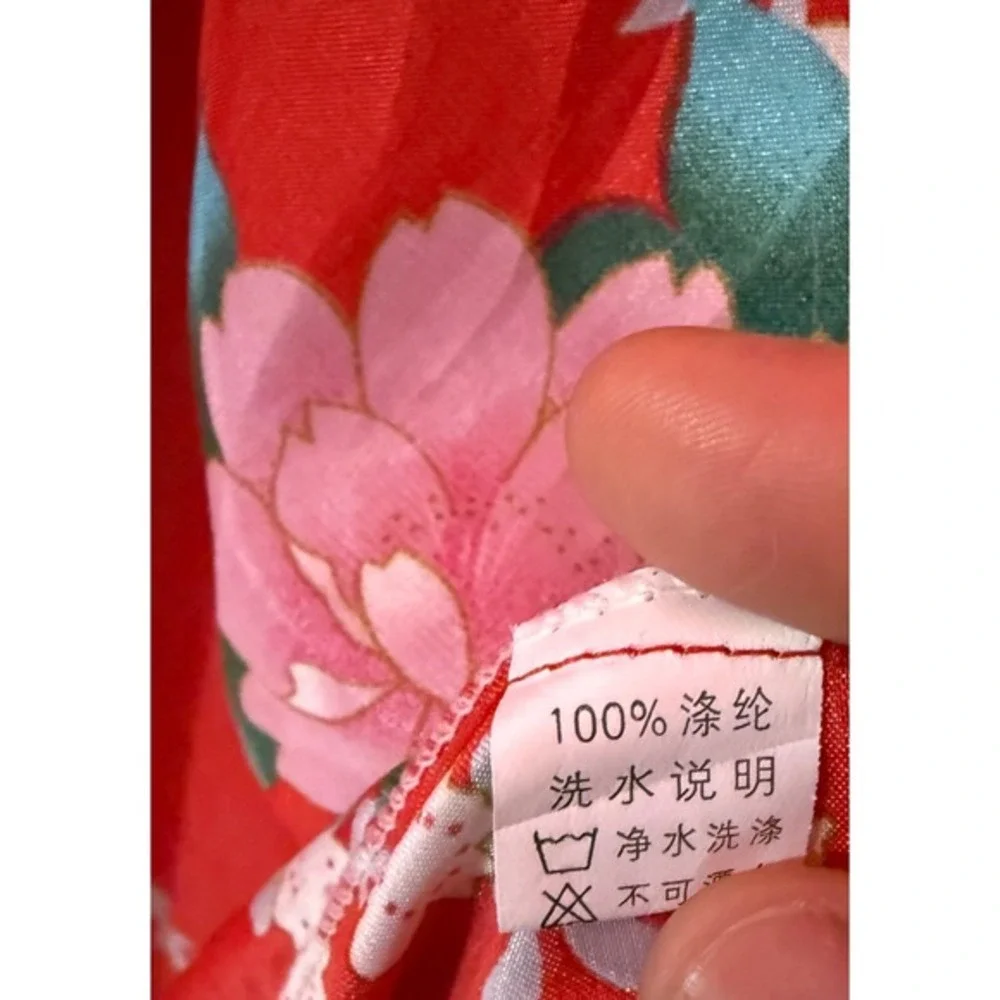 Tian Bao‎ Gong Unisex Medium Red Peacock Floral Short Sleeve Kimono Robe Resort